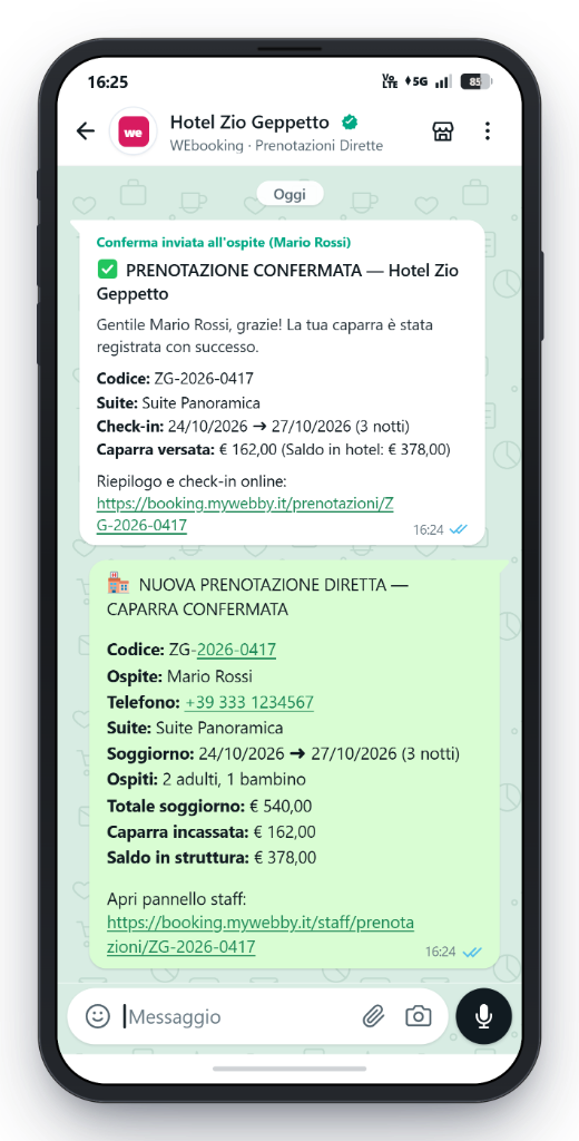 Schermata dimostrativa di una conferma di prenotazione su WhatsApp